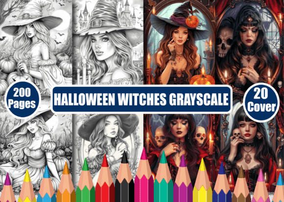 Halloween Witches Grayscale Color Book