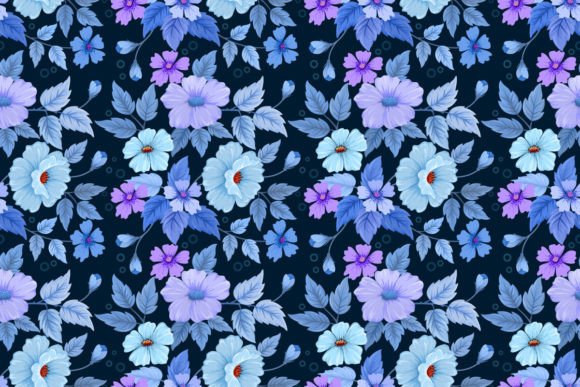 Hand Draw Flower on Blue Color Pattern